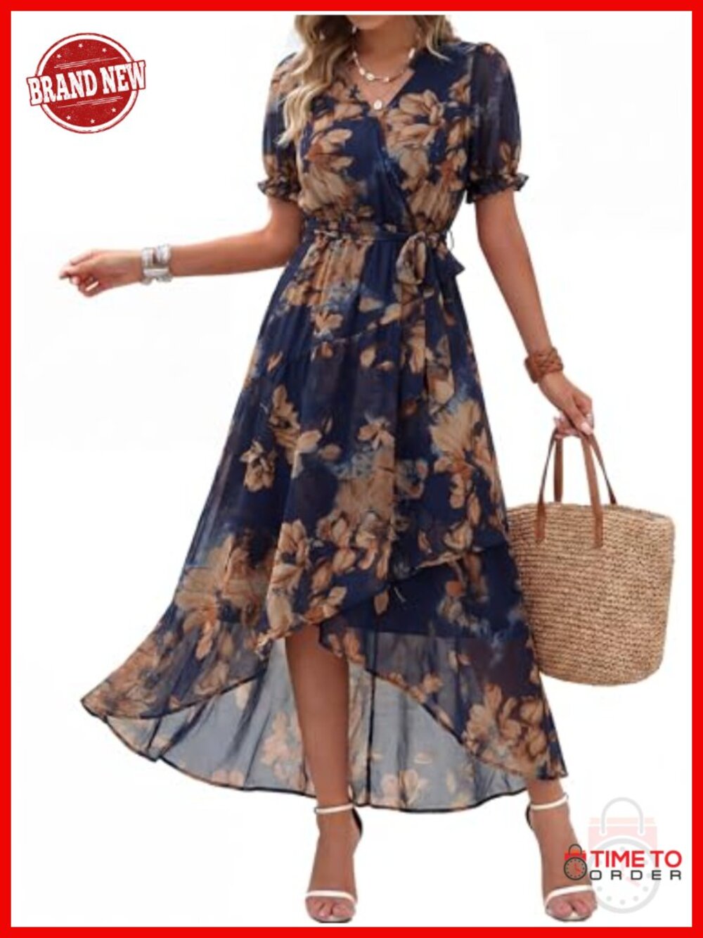 Women's Chiffon Floral Wrap Maxi Dress Puff Sleeve Boho